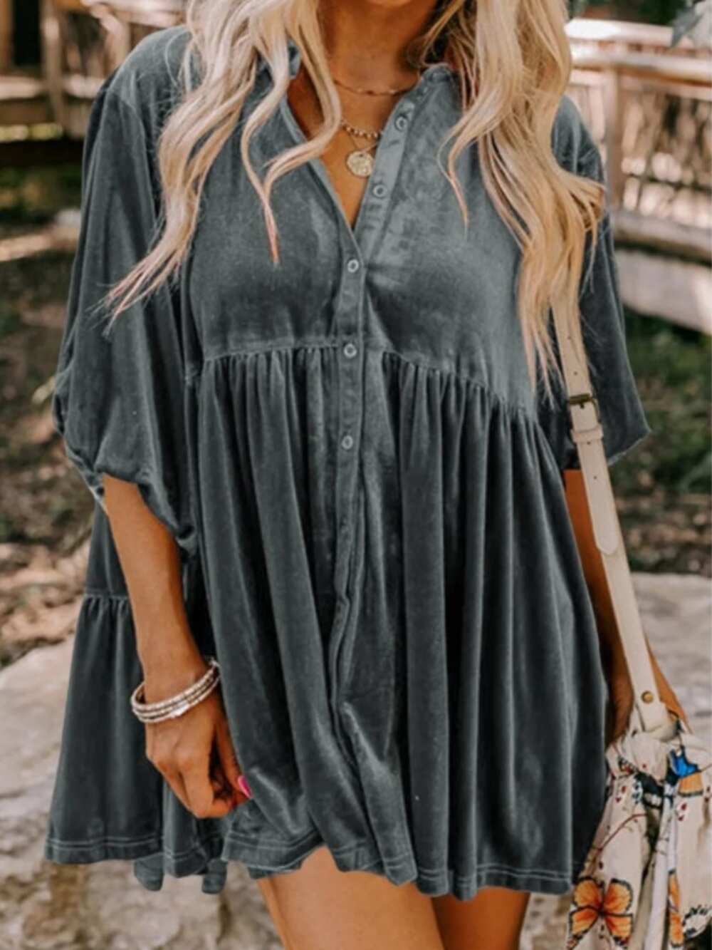 Dark Grey 3/4 Sleeve Tunic Babydoll Velvet Shirt Small